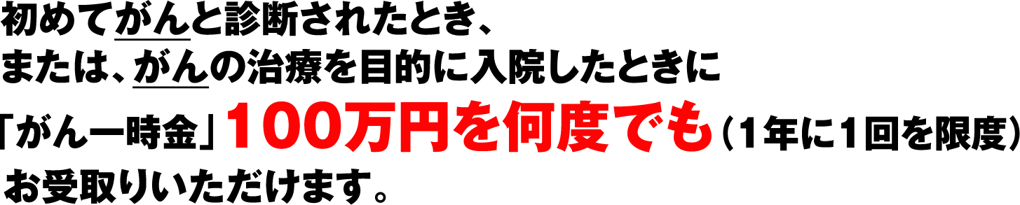 初めてがんと診断されたとき、または、がんの治療を目的に入院したときに「がん一時金」100万円を何度でも(1年に1回を限度)お受取りいただけます。