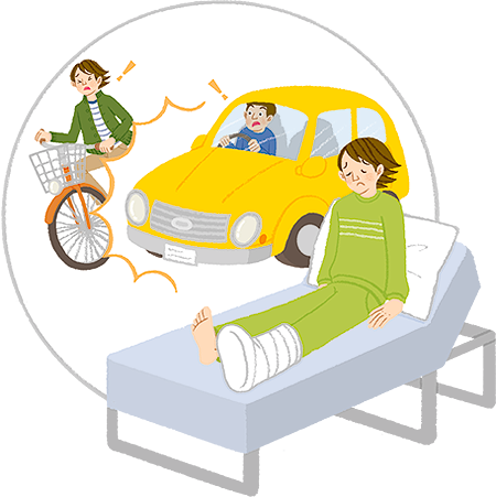 自転車で車と接触し、ケガ、のイラスト